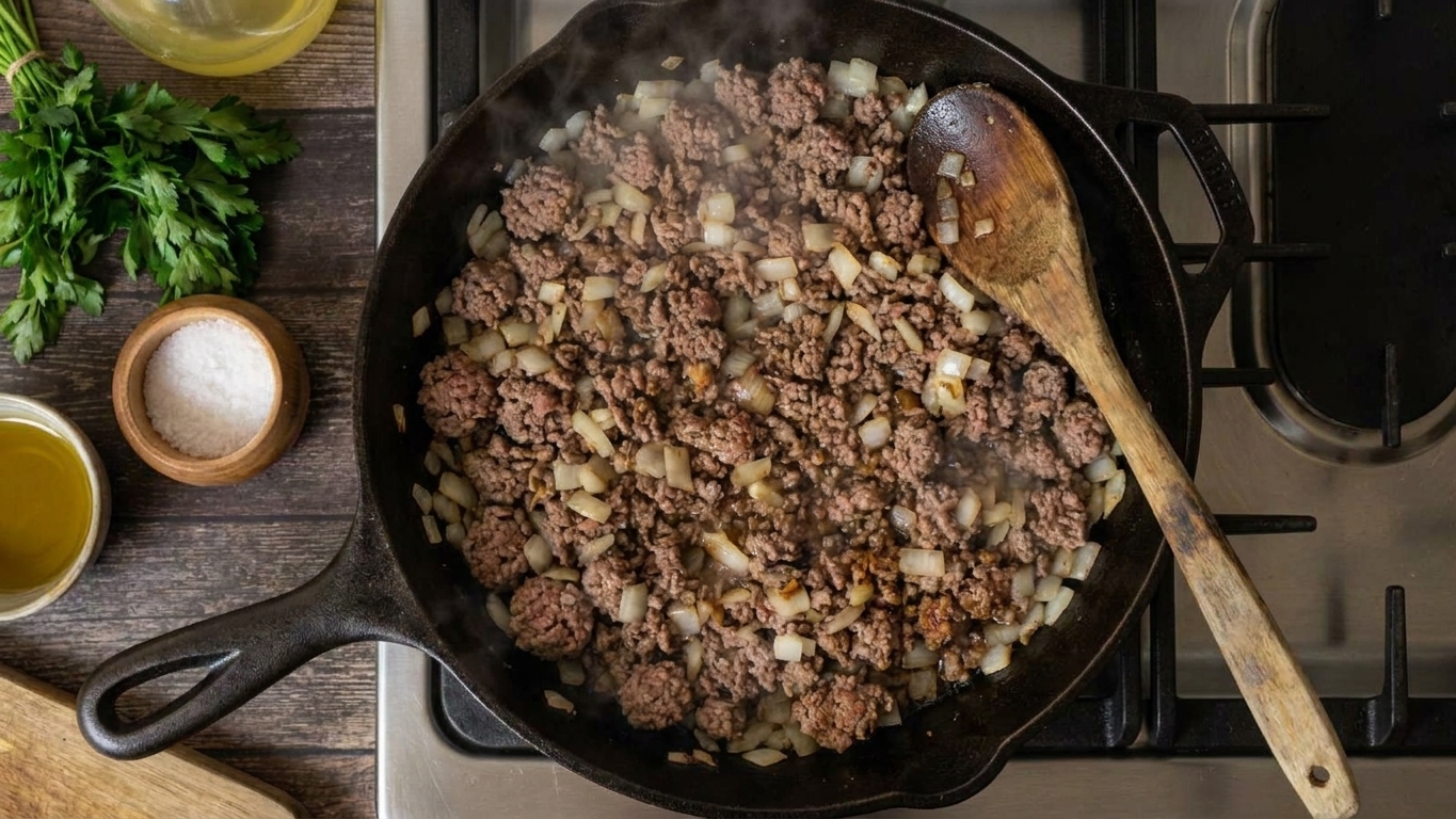 Ground beef and diced onions browning in a large skillet on a stovetop with a wooden spoon resting on the edge