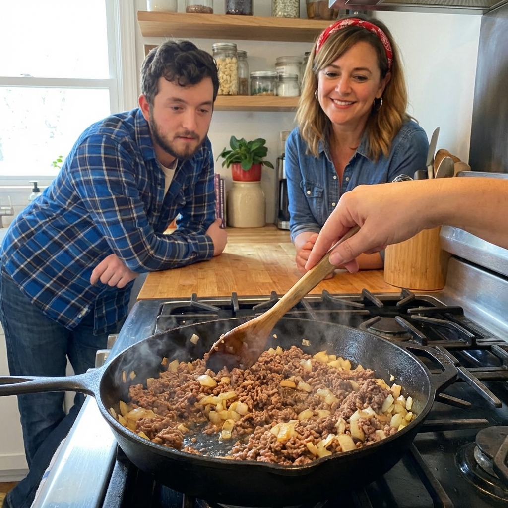Ground beef and diced onions browning in a skillet on a stovetop with a wooden spoon stirring