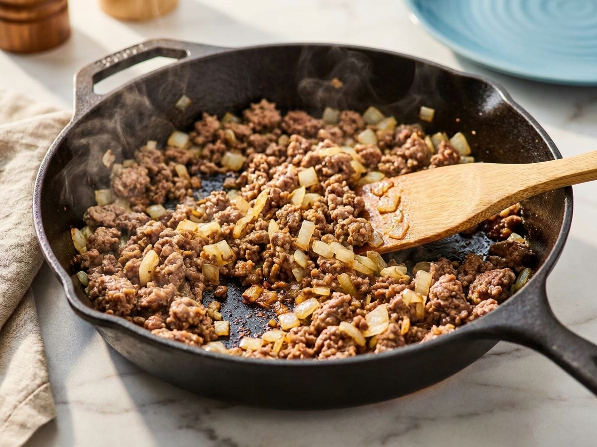 Ground beef and diced onions cooking in a skillet with browned bits forming on the bottom