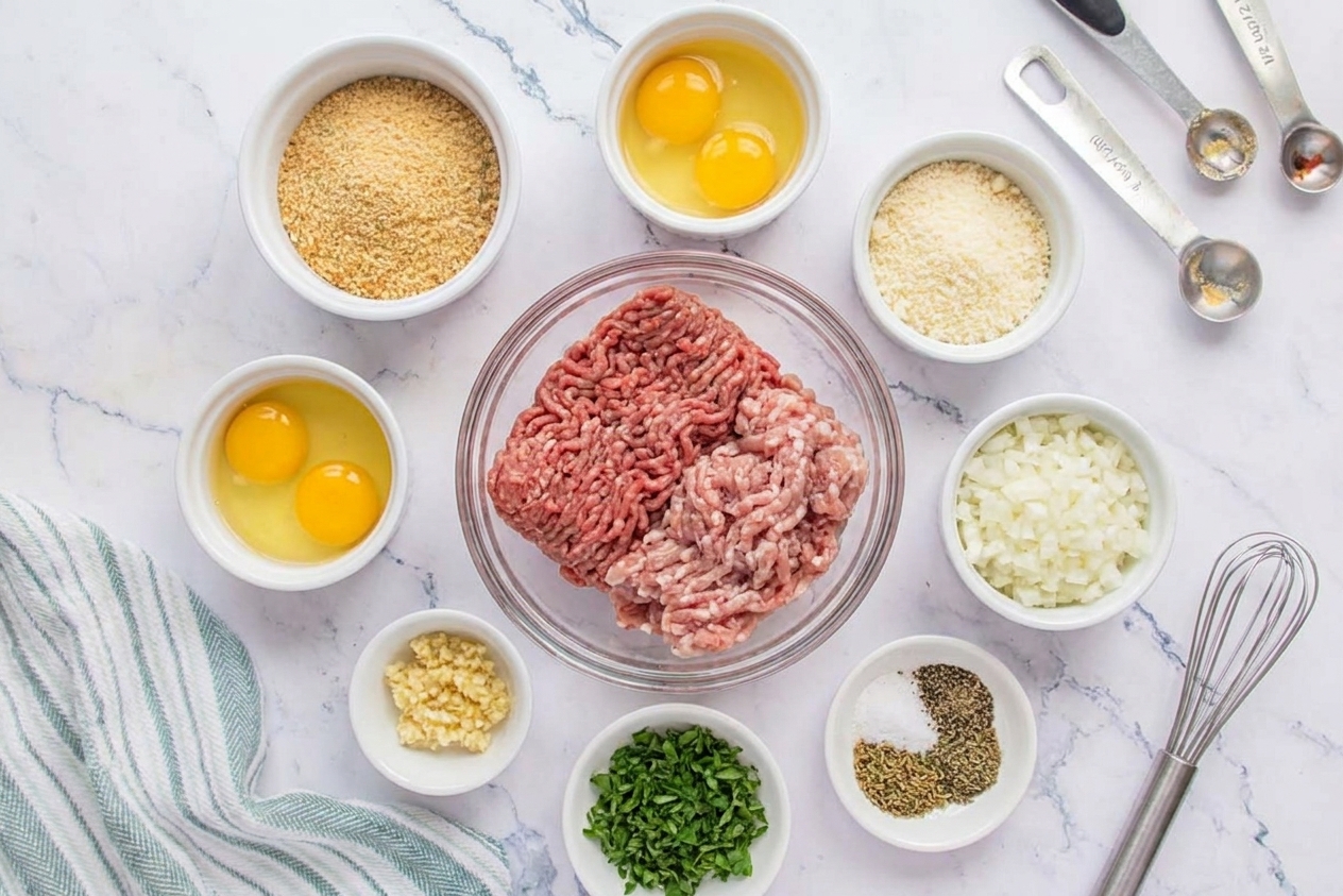 Ground beef and pork, breadcrumbs, eggs, grated Parmesan, garlic, parsley, onion, and spices arranged on a clean kitchen counter in consistent warm lighting