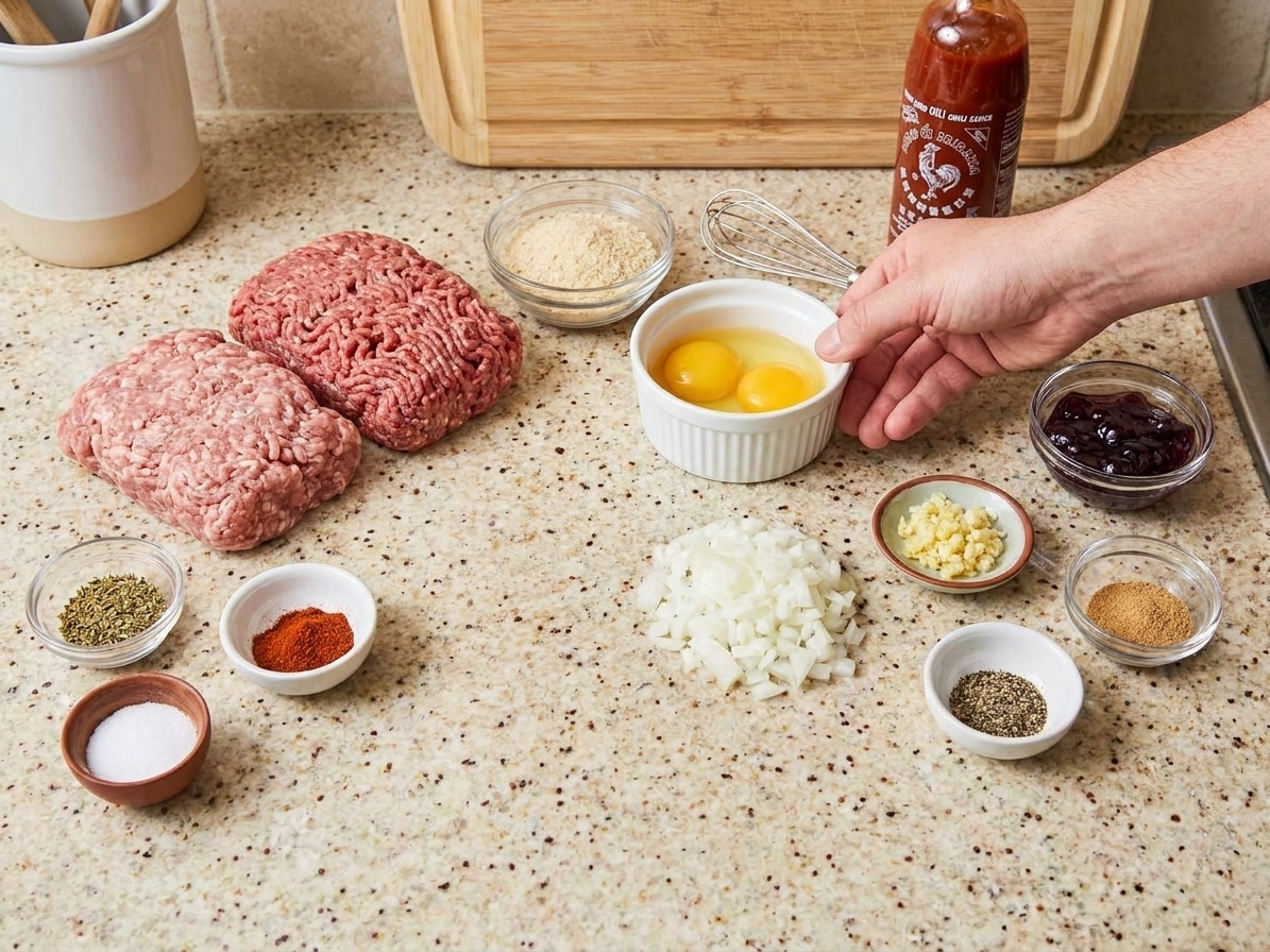 Ground beef and pork, breadcrumbs, eggs, onion, garlic, spices, and sauce ingredients arranged on a clean kitchen counter under bright natural light