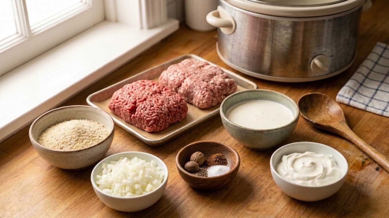 Ground beef and pork, breadcrumbs, onion, spices, broth, cream, and sour cream arranged on a bright kitchen counter ready for Swedish meatballs