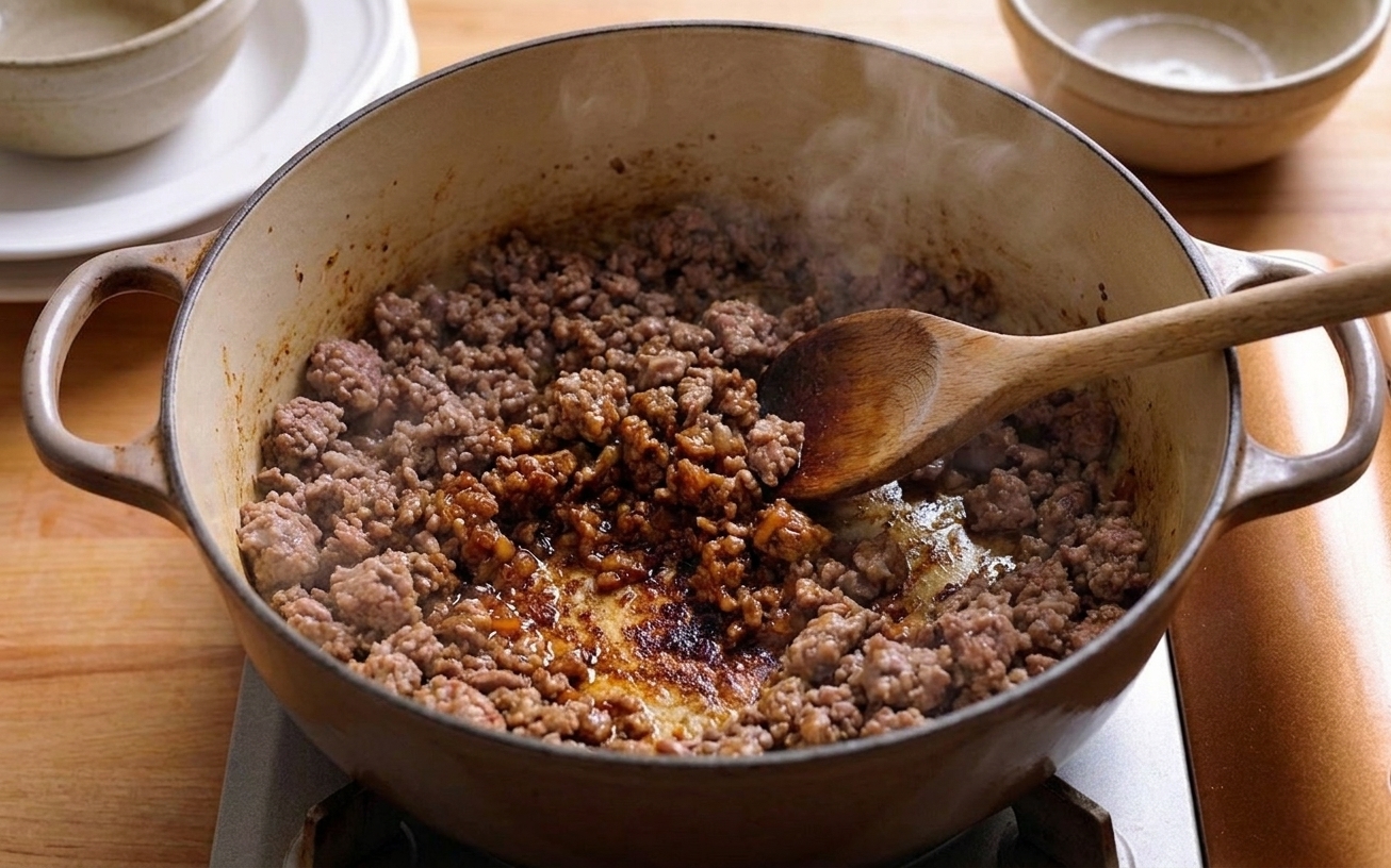 Ground beef and pork browned in a pot with a wooden spoon, caramelized bits forming on the bottom
