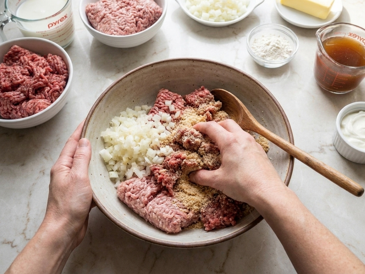 Ground beef and pork meatball mixture with soaked breadcrumbs and grated onion being gently mixed in a large bowl on a kitchen counter