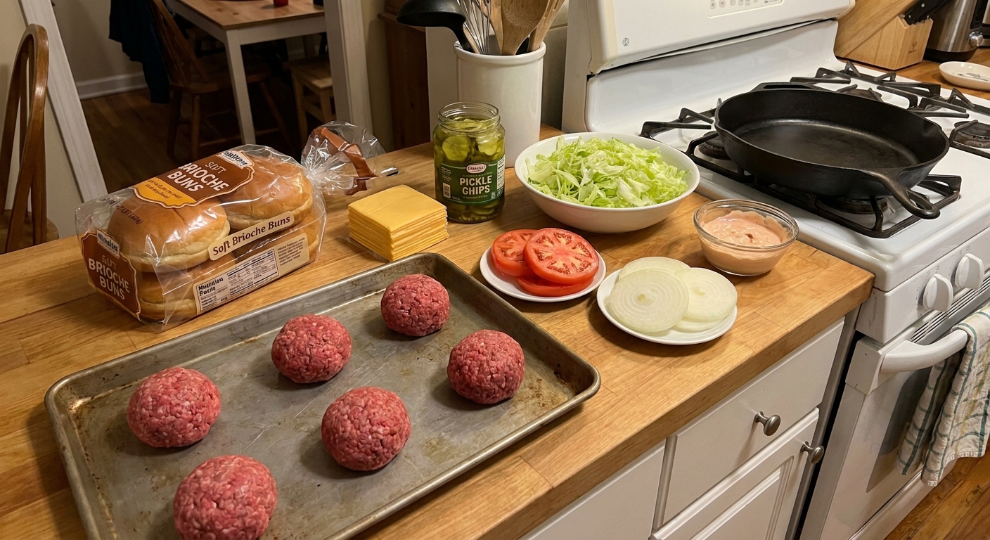 Ground beef balls, soft burger buns, sliced American cheese, pickle chips, shredded lettuce, tomato slices, sliced onions, and a small bowl of burger spread arranged on a home kitchen counter ready to cook