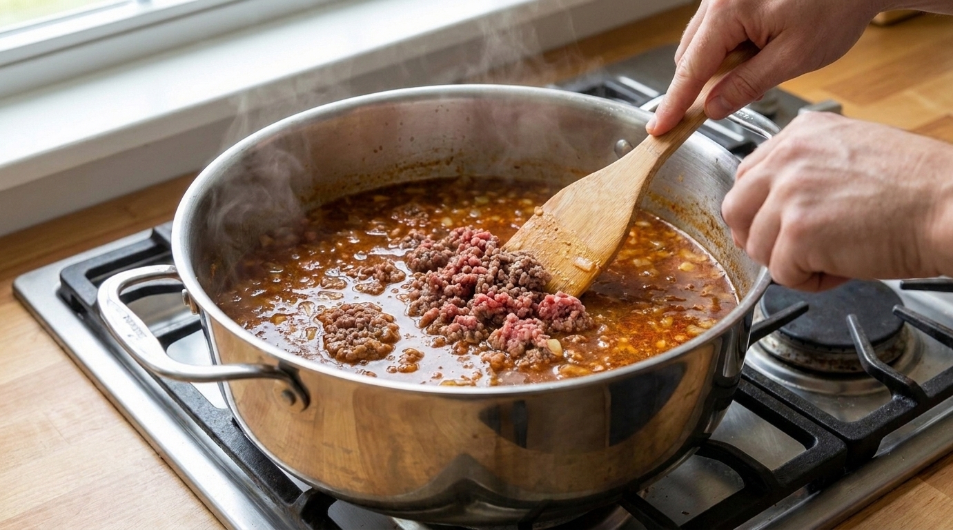 Ground beef being broken into fine crumbles while simmering in broth in a large pot on a stovetop