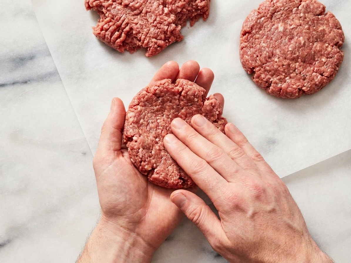 Ground beef being gently shaped into burger patties on parchment paper on a kitchen counter