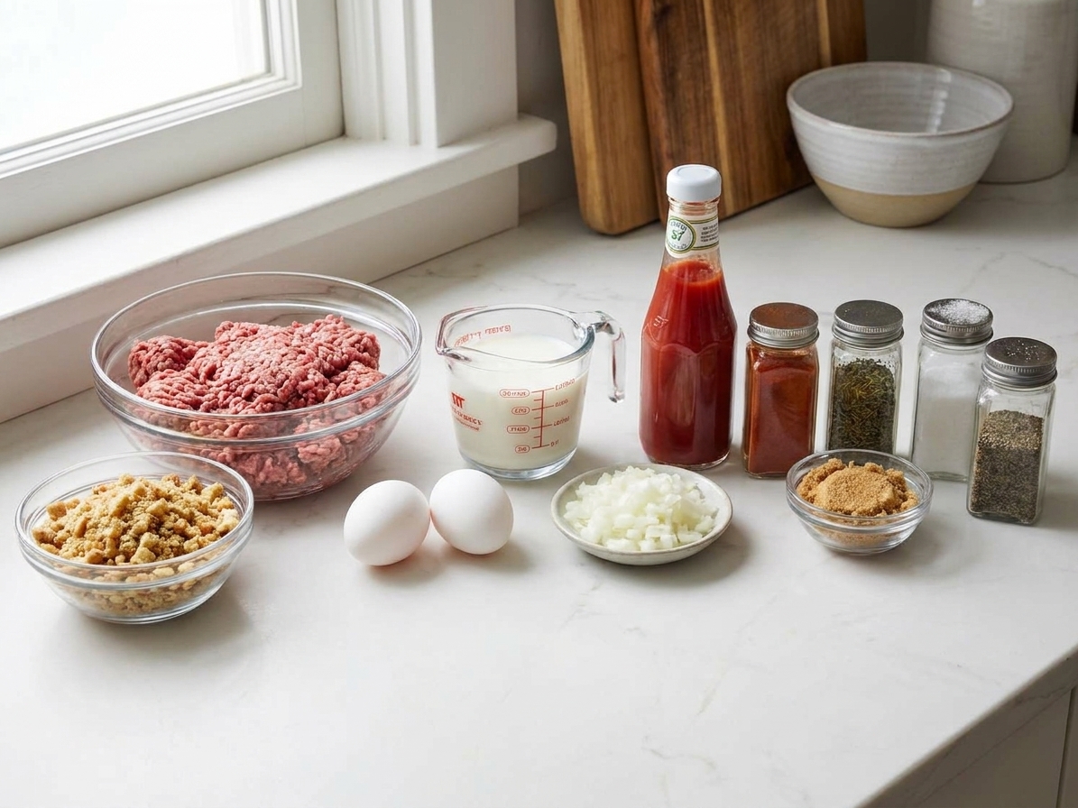 Ground beef, boxed stuffing mix, eggs, milk, onion, ketchup, brown sugar, and spices arranged on a tidy kitchen counter