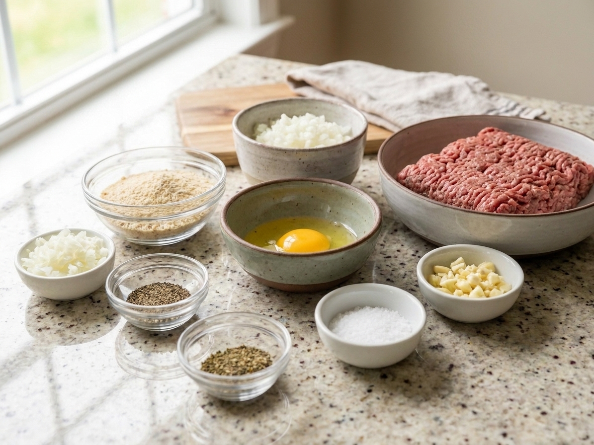 Ground beef, breadcrumbs, egg, minced onion, garlic, salt, pepper, and seasonings arranged in small bowls on a light kitchen counter