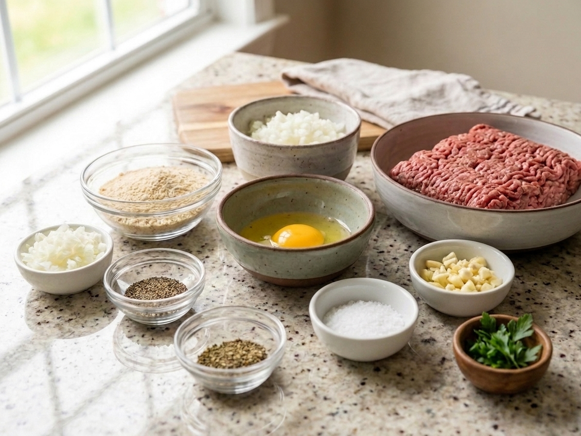 Ground beef, breadcrumbs, egg, minced onion, garlic, salt, pepper, and seasonings arranged in small bowls on a light kitchen counter