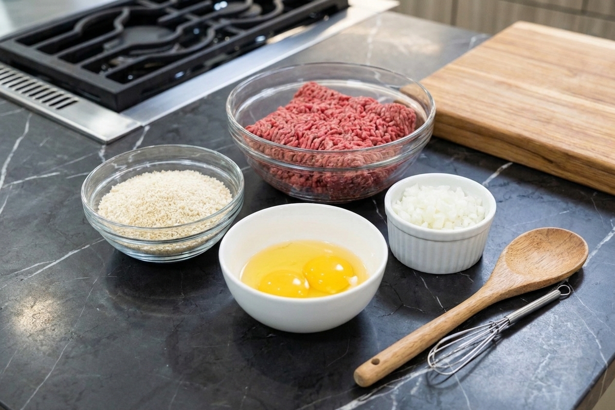 Ground beef, breadcrumbs, eggs, and finely chopped onion arranged in small bowls ready for mixing