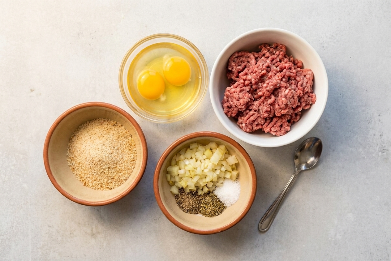 Ground beef, breadcrumbs, eggs, diced onion, and seasonings portioned in small bowls on a kitchen counter, ready to mix.