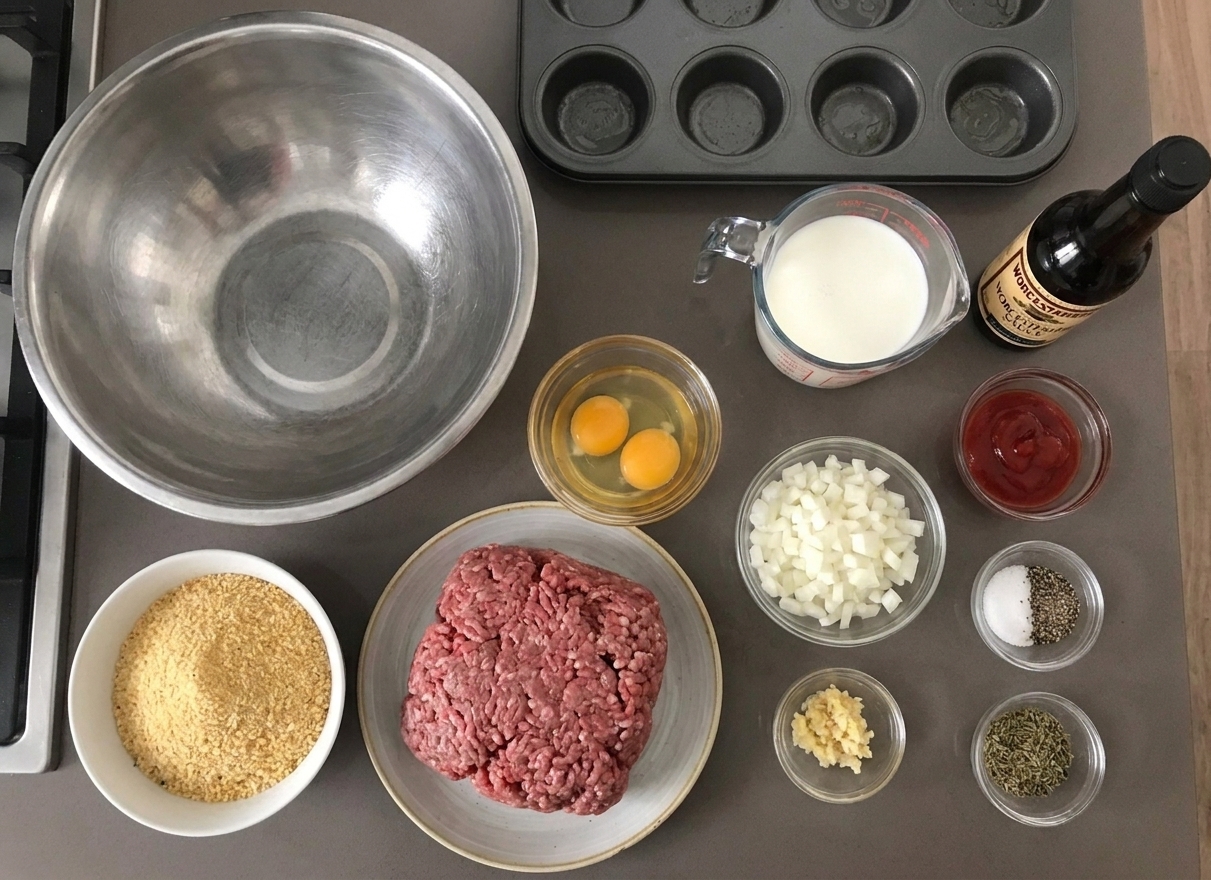 Ground beef, breadcrumbs, eggs, diced onion, minced garlic, milk, ketchup, Worcestershire sauce, and seasonings arranged on a tidy kitchen counter in warm natural light