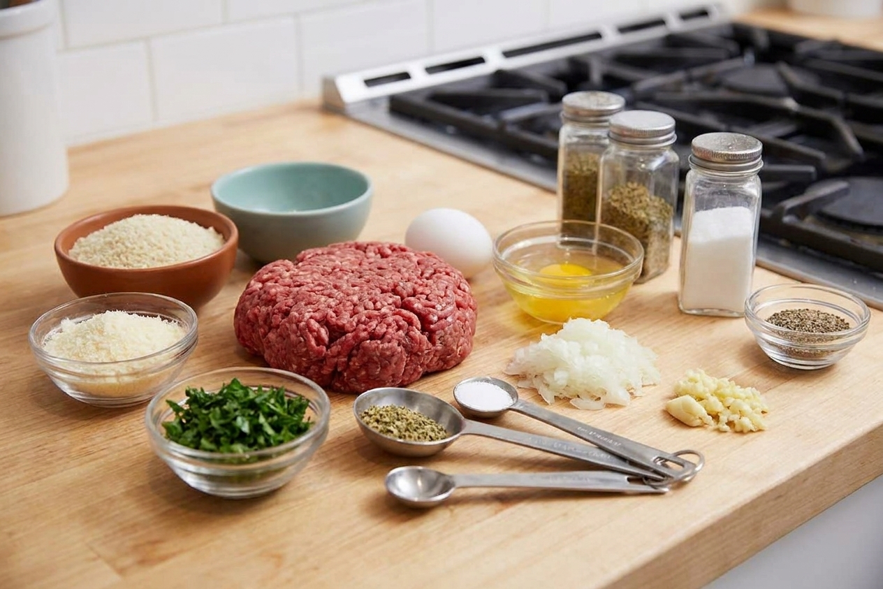 Ground beef, breadcrumbs, eggs, grated onion, garlic, parsley, Parmesan, and seasonings arranged with measuring spoons