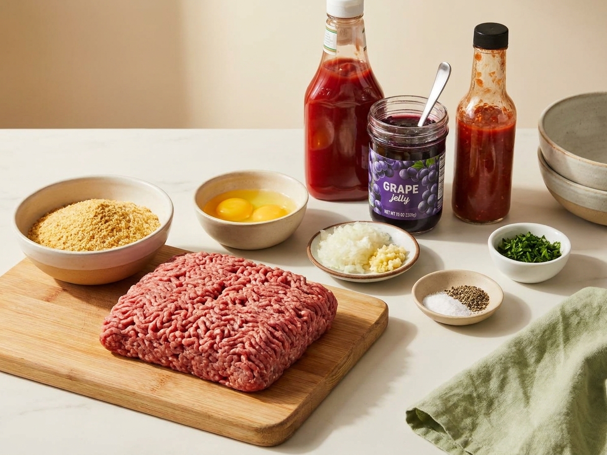 Ground beef, breadcrumbs, eggs, grated onion, garlic, seasonings, ketchup, grape jelly, and chili sauce arranged on a clean kitchen counter in consistent warm lighting