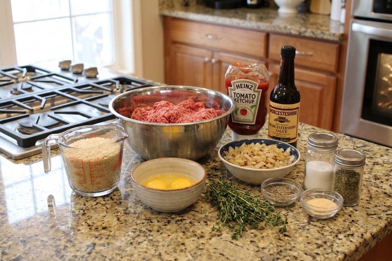 Ground beef, breadcrumbs, eggs, ketchup, Worcestershire sauce, onions, thyme, and seasonings arranged on a clean kitchen counter in soft natural light