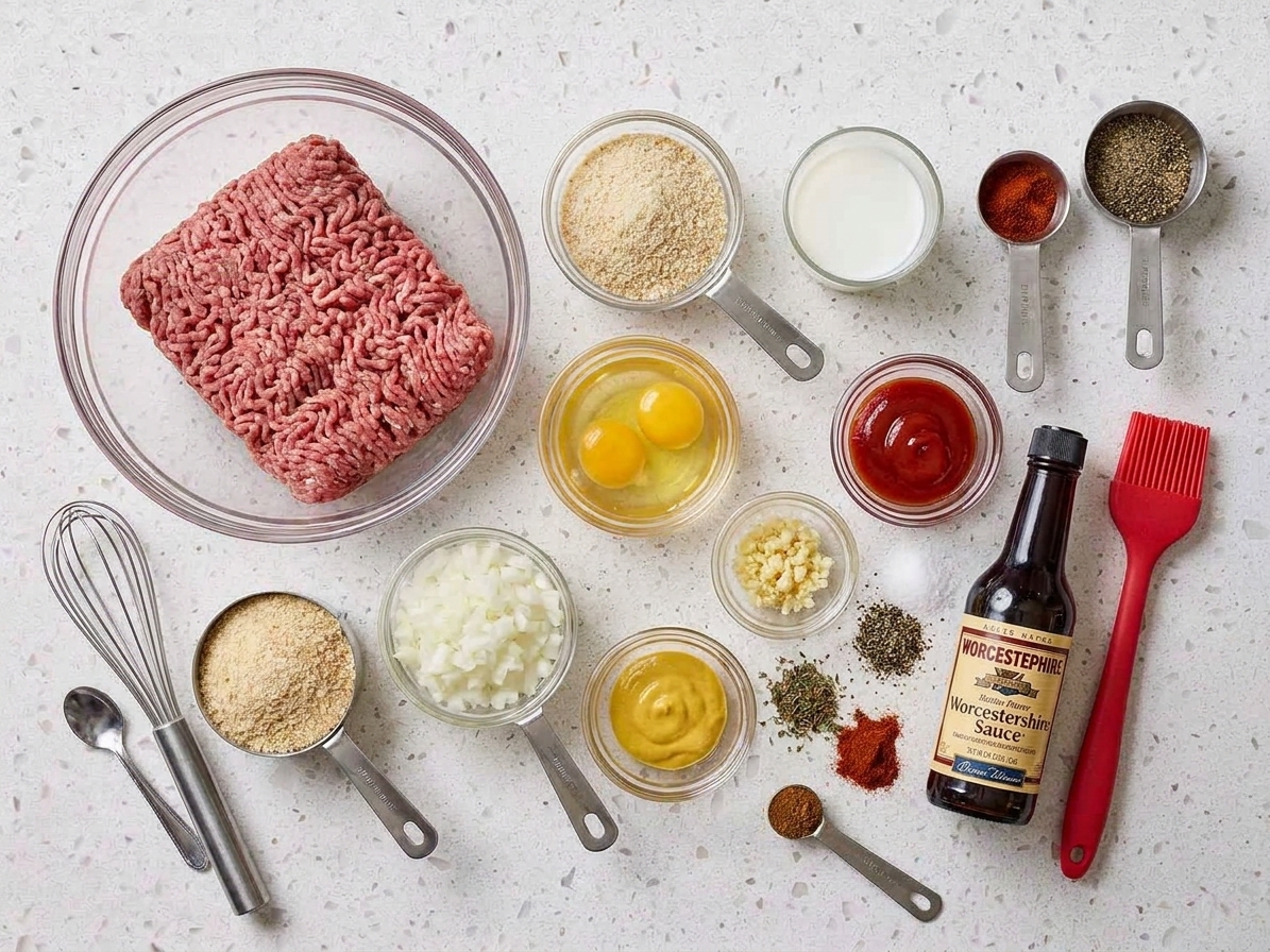 Ground beef, breadcrumbs, eggs, milk, onion, garlic, ketchup, mustard, Worcestershire sauce, and spices arranged on a kitchen counter