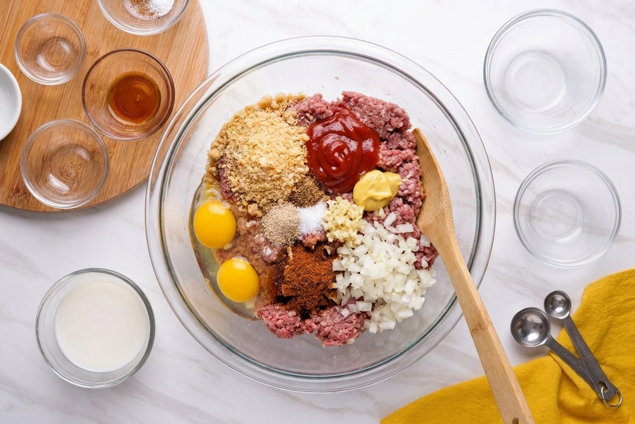 Ground beef, breadcrumbs, eggs, onion, garlic, and seasonings mixed together in a large bowl on a kitchen counter