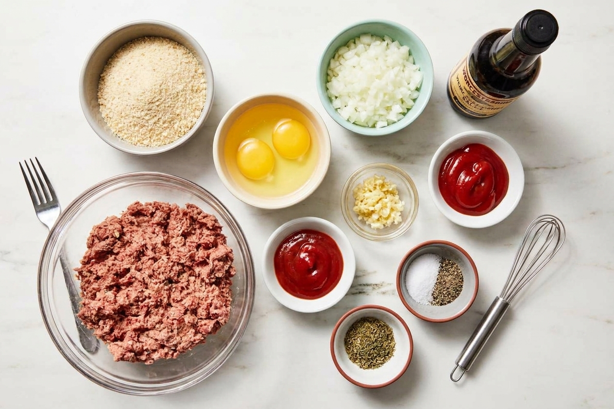 Ground beef, breadcrumbs, eggs, onion, garlic, ketchup, Worcestershire sauce, and seasonings arranged on a clean kitchen counter