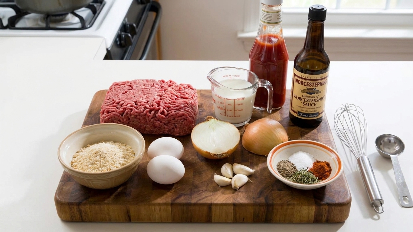 Ground beef, breadcrumbs, eggs, onion, garlic, milk, ketchup, Worcestershire sauce, and spices laid out on a clean kitchen counter