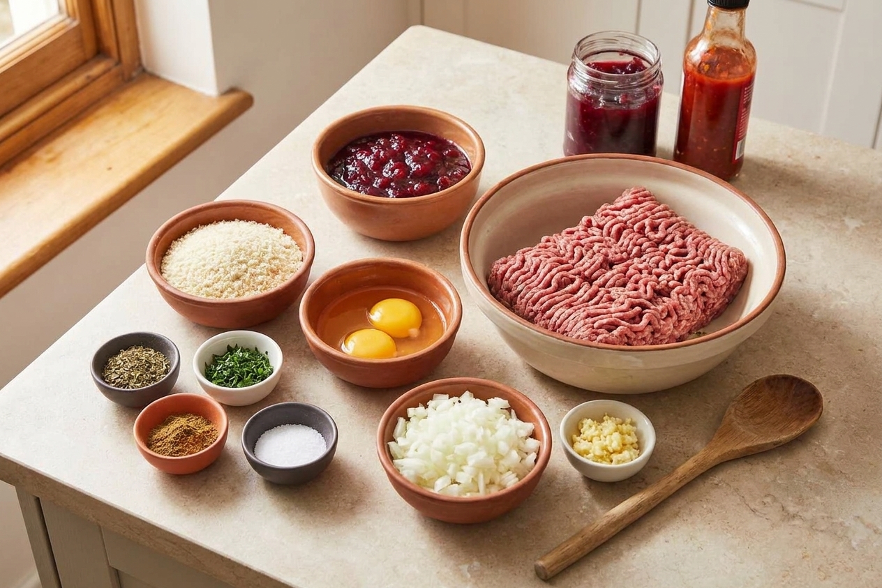Ground beef, breadcrumbs, eggs, onion, garlic, seasonings, and sauce ingredients arranged on a light stone kitchen counter with warm natural light