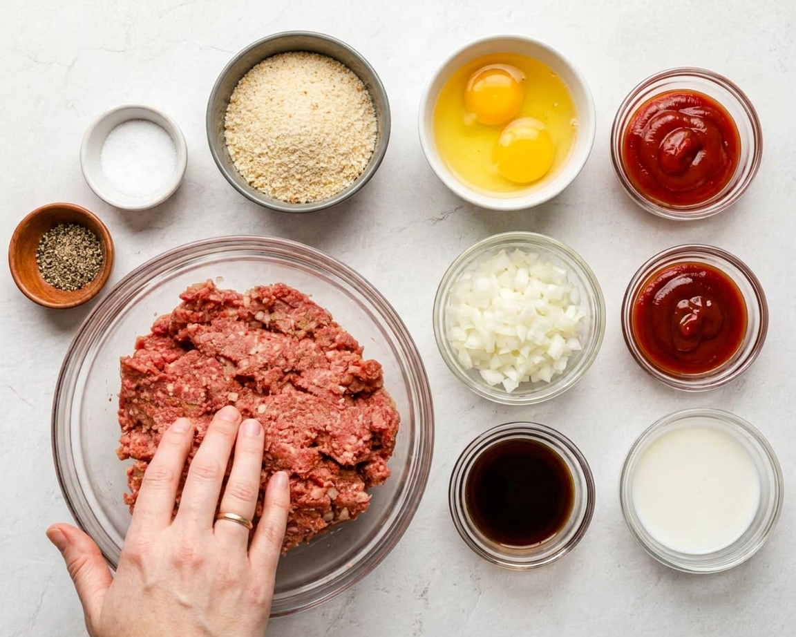 Ground beef, breadcrumbs, eggs, onion, ketchup, Worcestershire sauce, milk, and seasonings arranged on a clean kitchen counter