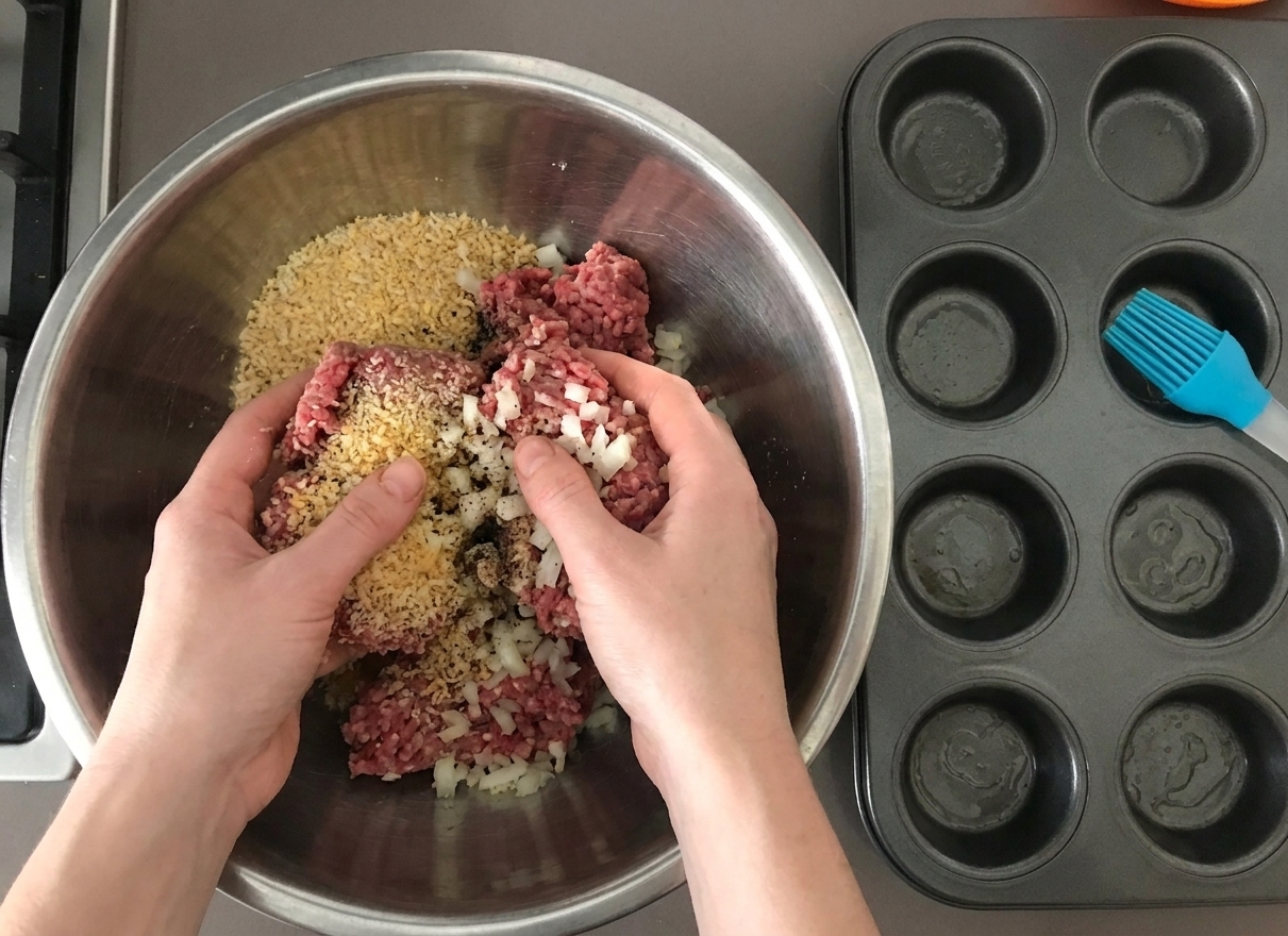 Ground beef, breadcrumbs, onion, and seasonings being gently mixed in a large bowl on a kitchen counter