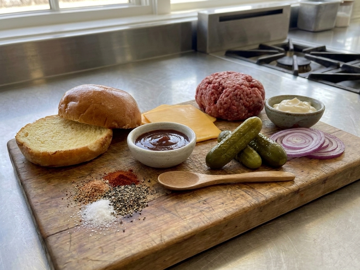 Ground beef, brioche buns, cheddar slices, barbecue sauce, mayonnaise, pickles, red onion, and spices arranged on a clean kitchen counter