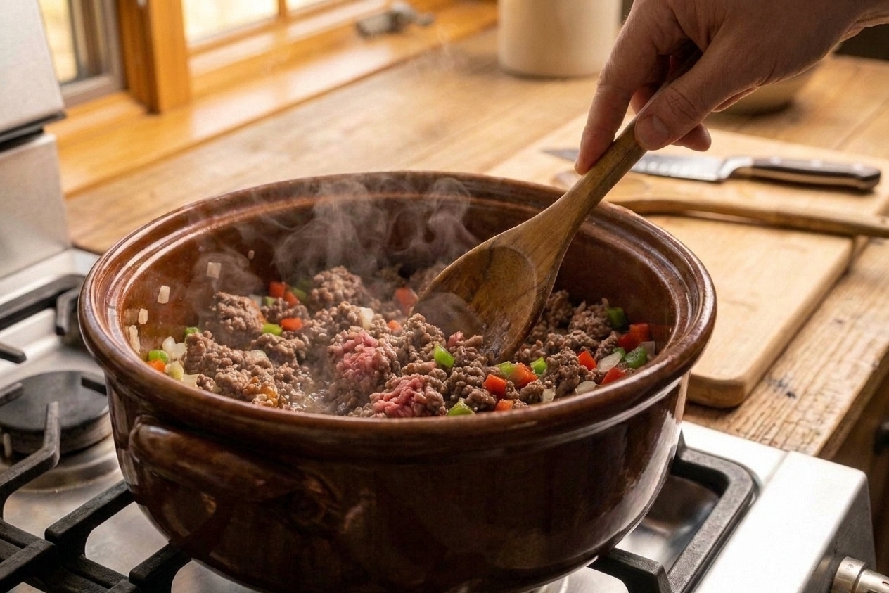 Ground beef browning in a Dutch oven on a stovetop with a wooden spoon stirring