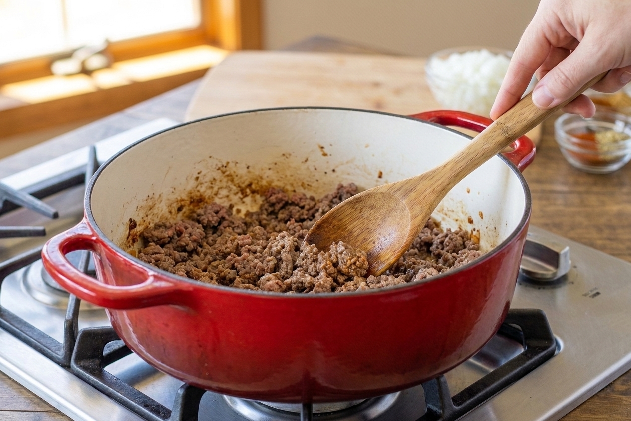 Ground beef browning in a Dutch oven on a stovetop with a wooden spoon stirring and browned bits forming on the bottom