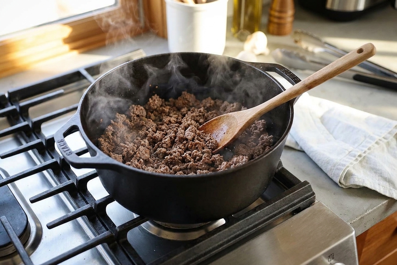 Ground beef browning in a Dutch oven on a stovetop with a wooden spoon stirring as steam rises