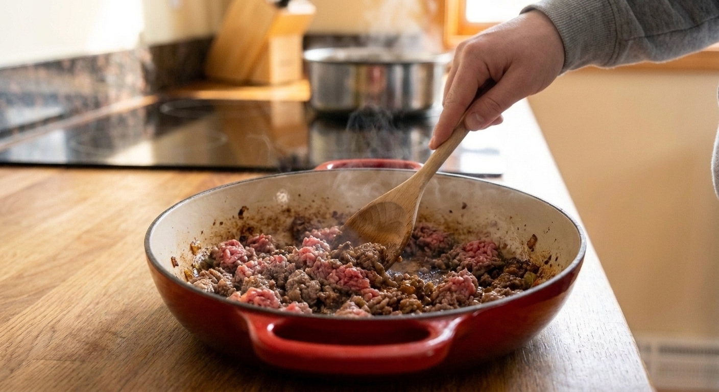 Ground beef browning in a Dutch oven on a stovetop with a wooden spoon stirring and browned bits forming