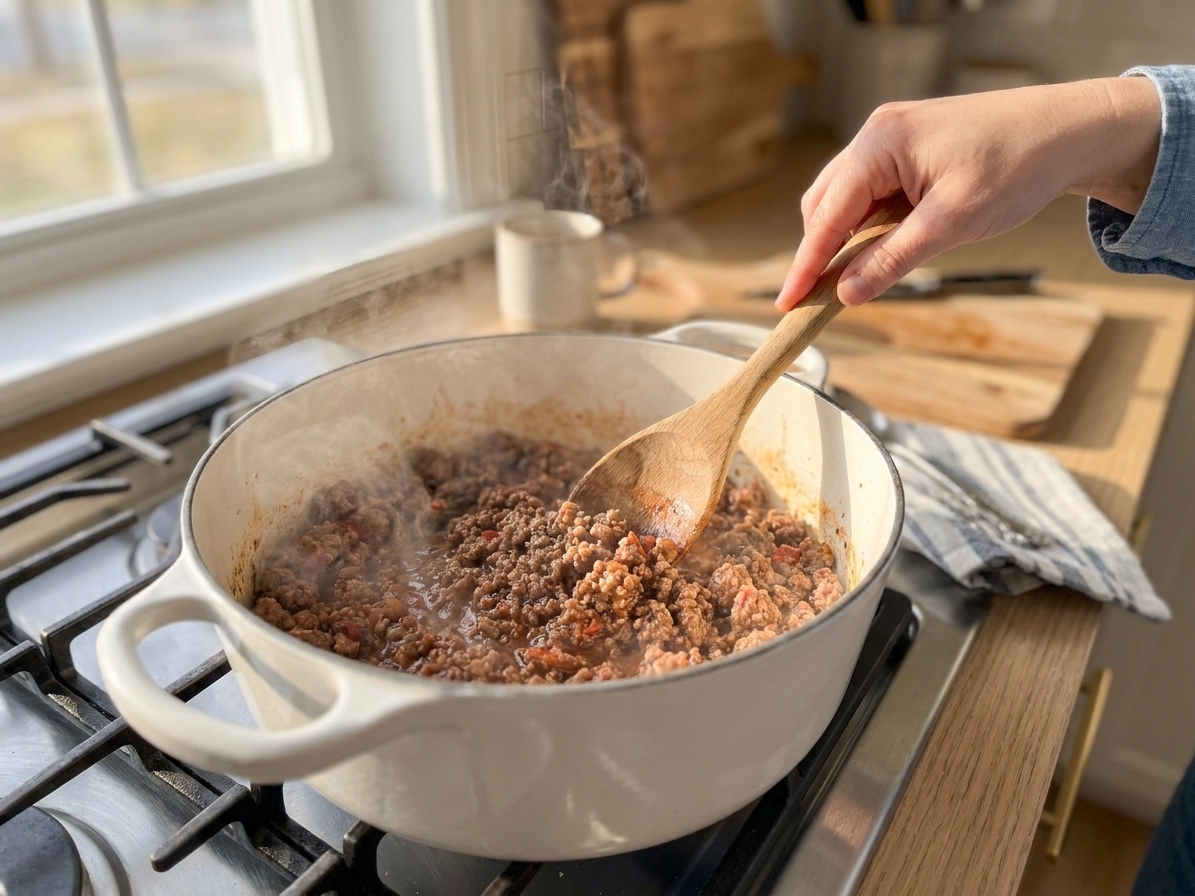 Ground beef browning in a Dutch oven on a stovetop with a wooden spoon stirring, steam rising in warm kitchen light