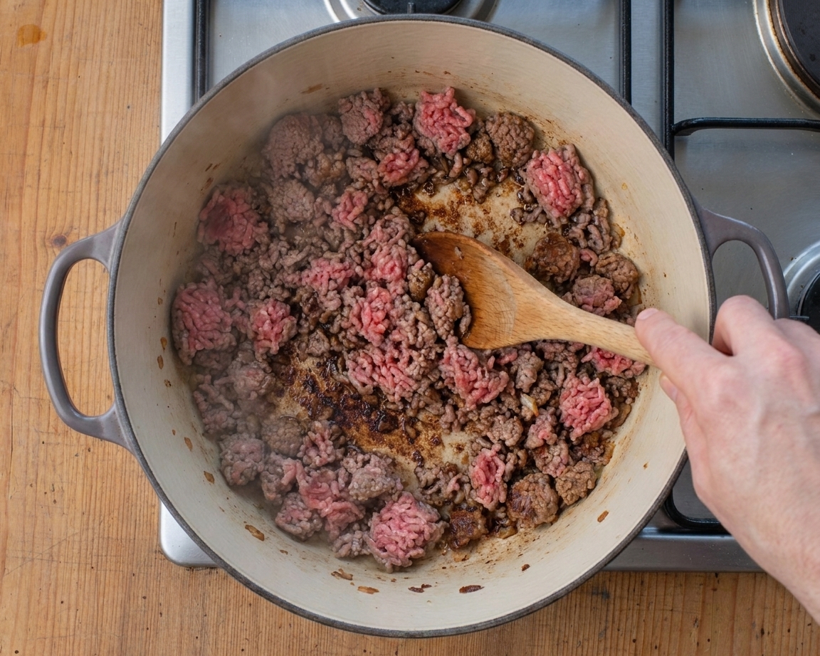Ground beef browning in a Dutch oven on a stovetop with a wooden spoon stirring and browned bits forming on the bottom