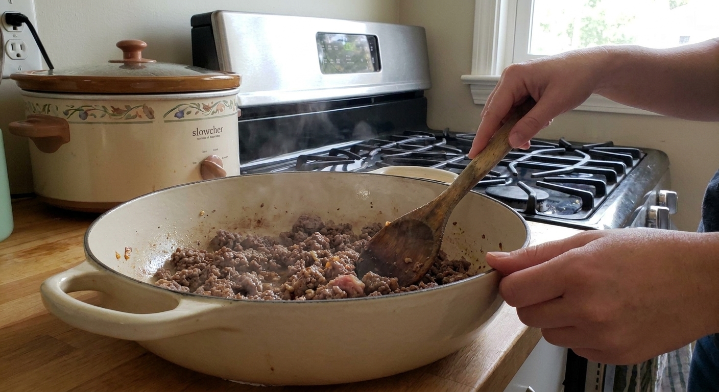Ground beef browning in a Dutch oven on a stovetop with a wooden spoon stirring, kitchen counter in the background