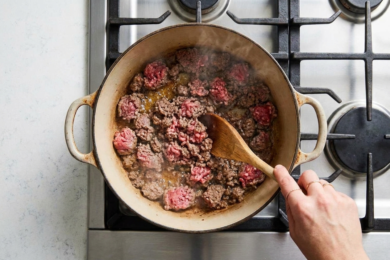 Ground beef browning in a Dutch oven with a wooden spoon breaking it into crumbles on a stovetop