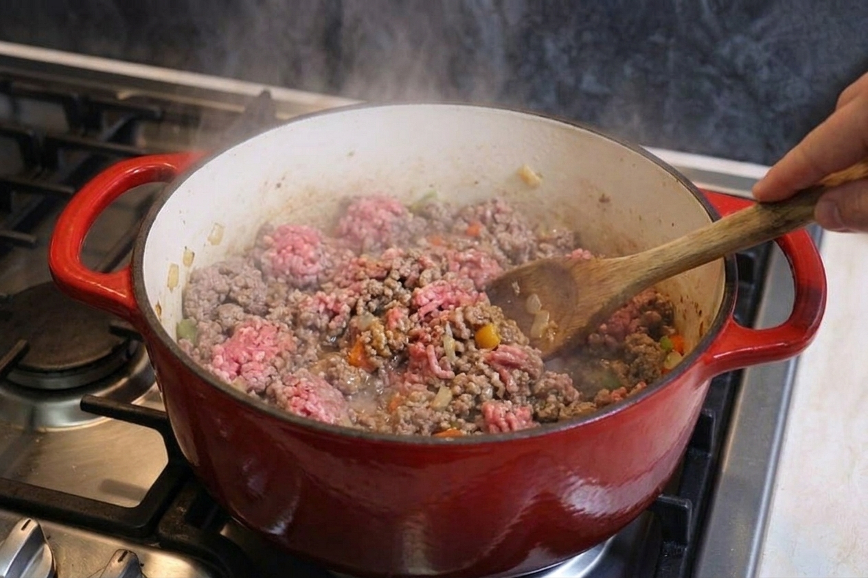 Ground beef browning in a Dutch oven with a wooden spoon stirring, steam rising on a stovetop