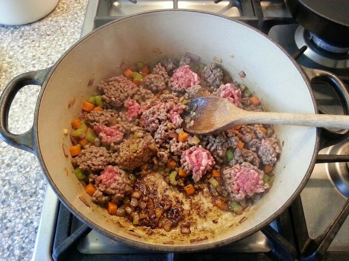 Ground beef browning in a Dutch oven with a wooden spoon breaking it into crumbles, browned bits forming on the bottom