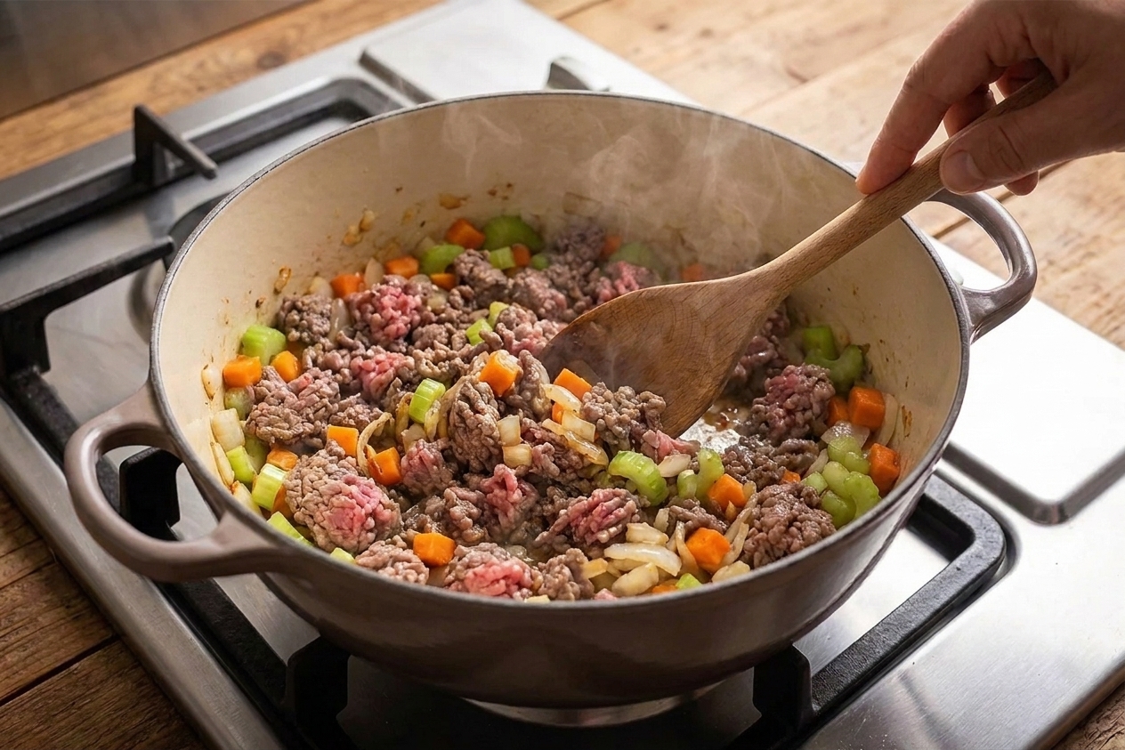 Ground beef browning in a Dutch oven with aromatics, being broken up with a wooden spoon