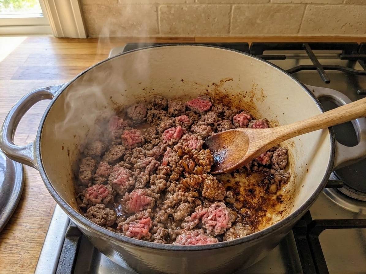 Ground beef browning in a Dutch oven with caramelized bits forming on the bottom of the pot