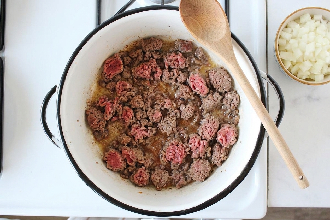 Ground beef browning in a Dutch oven with diced onions nearby and a wooden spoon ready on a stovetop