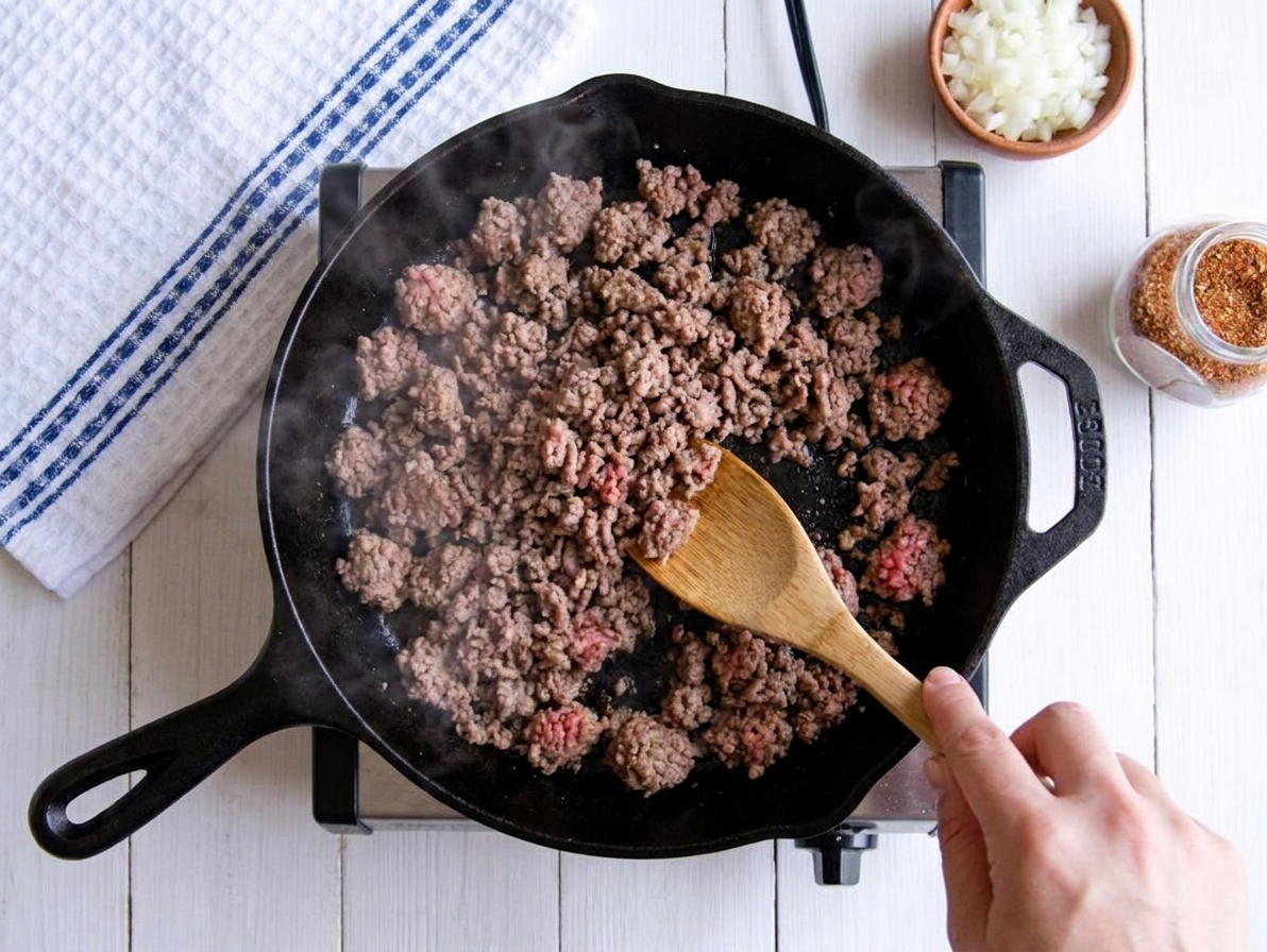 Ground beef browning in a black skillet on a stovetop with a wooden spoon