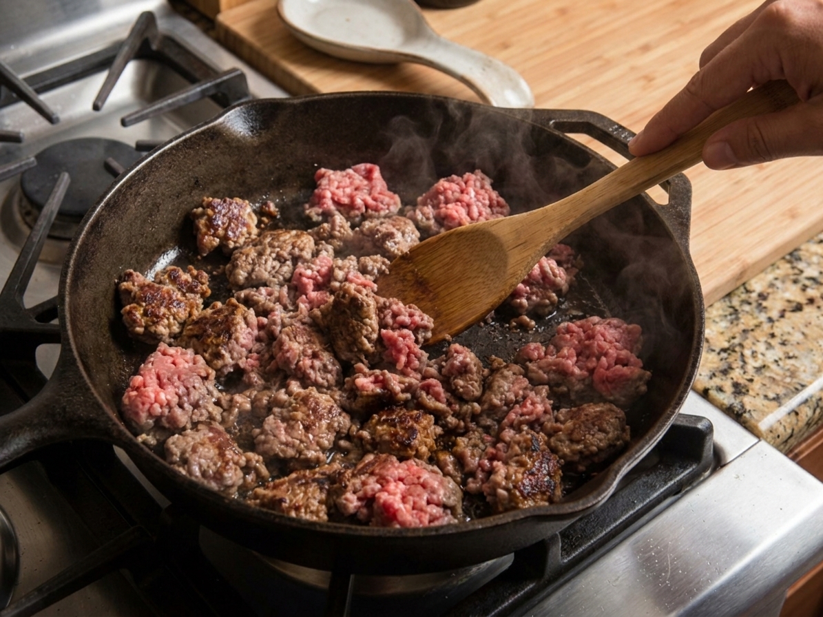 Ground beef browning in a cast iron skillet while being broken up with a wooden spoon on a stovetop
