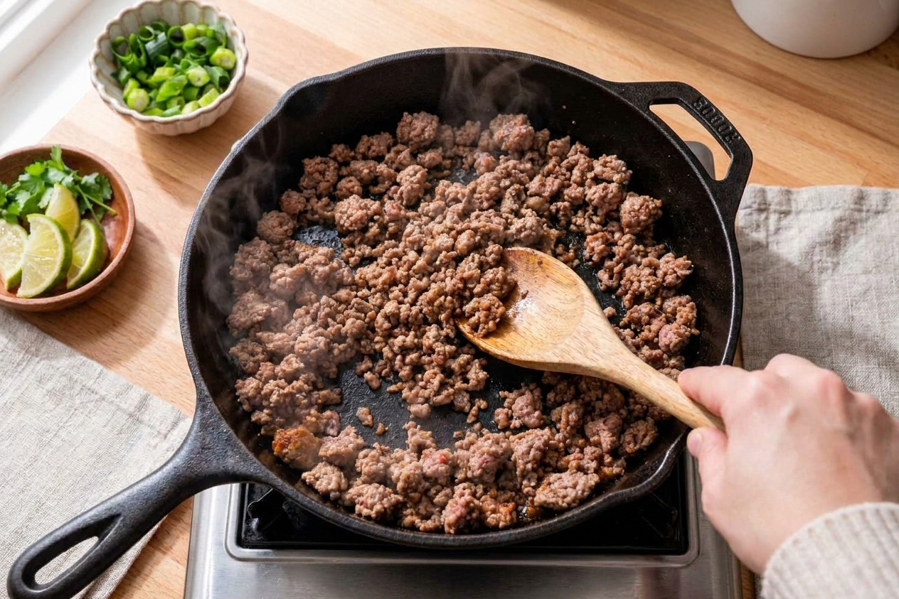 Ground beef browning in a deep skillet with a wooden spoon breaking it into crumbles on a stovetop