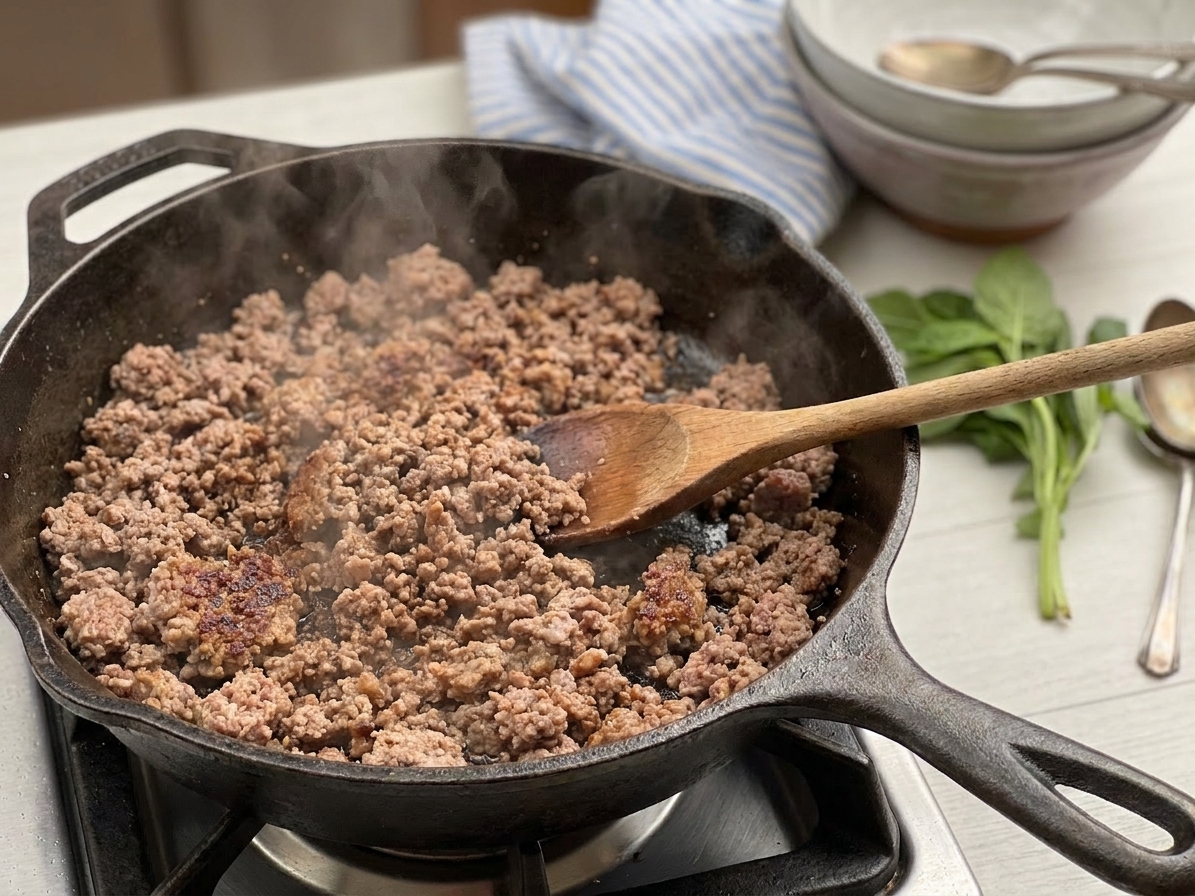 Ground beef browning in a deep skillet with a wooden spoon, steam rising under warm kitchen lighting