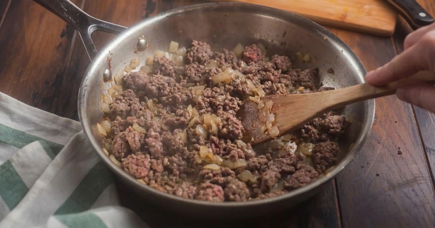 Ground beef browning in a deep skillet with onions, being broken up with a spatula