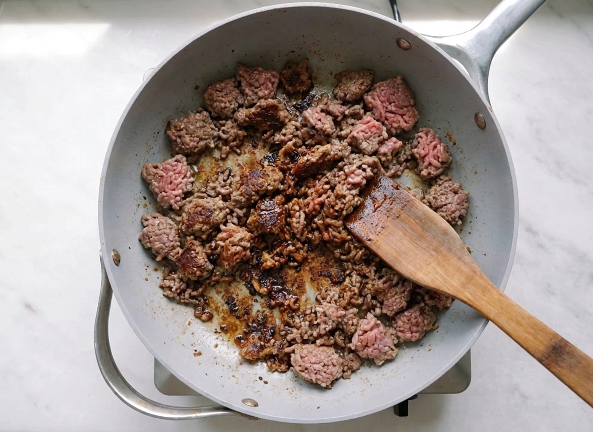 Ground beef browning in a deep skillet with visible caramelized bits forming on the bottom, wooden spoon nearby