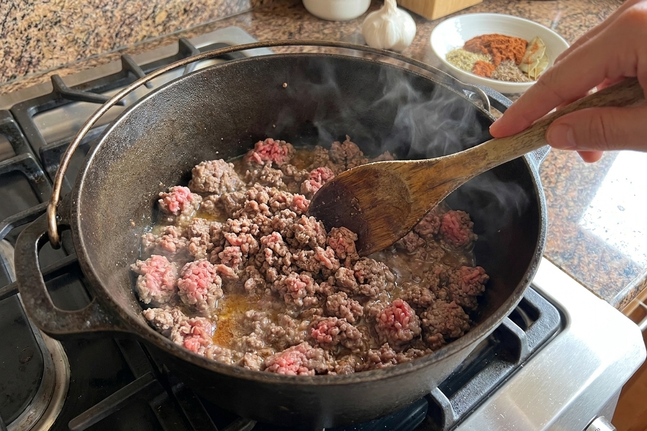 Ground beef browning in a heavy pot on the stove with a wooden spoon breaking it into small crumbles