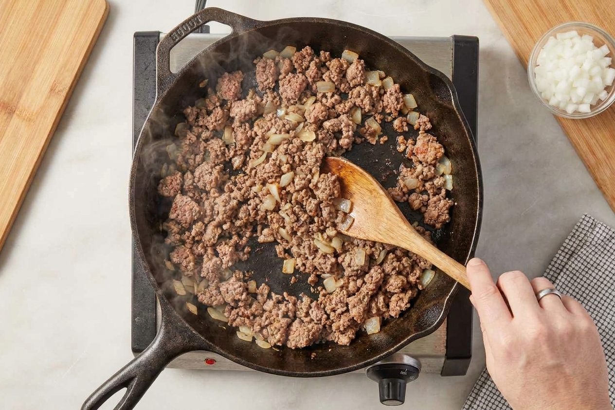 Ground beef browning in a hot cast iron skillet with a wooden spoon breaking it into crumbles on a stovetop