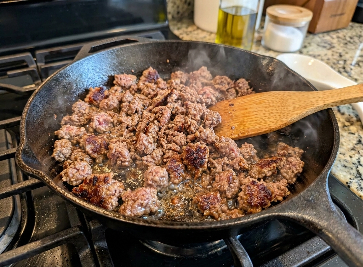 Ground beef browning in a hot skillet with crisp edges forming as it cooks on a stovetop